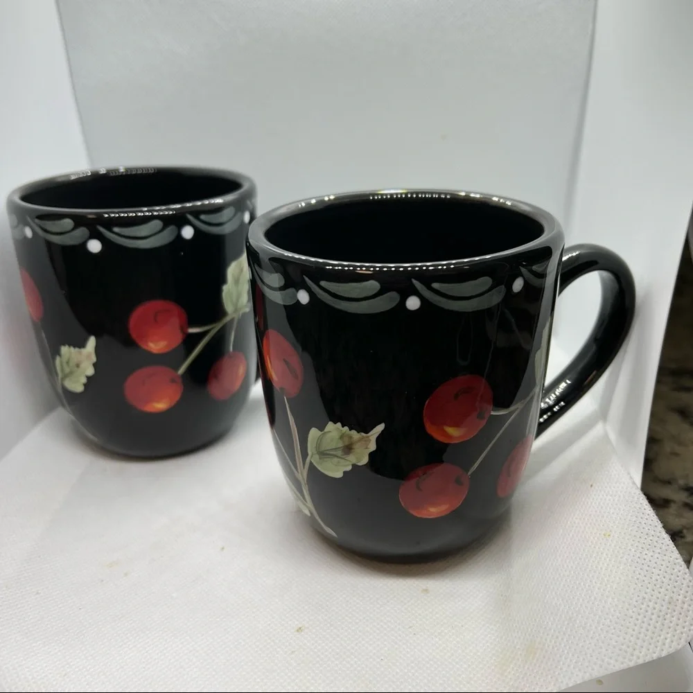 Laurie Gates Black Cherry Blossom Coffee Mugs Cups (set of 2)